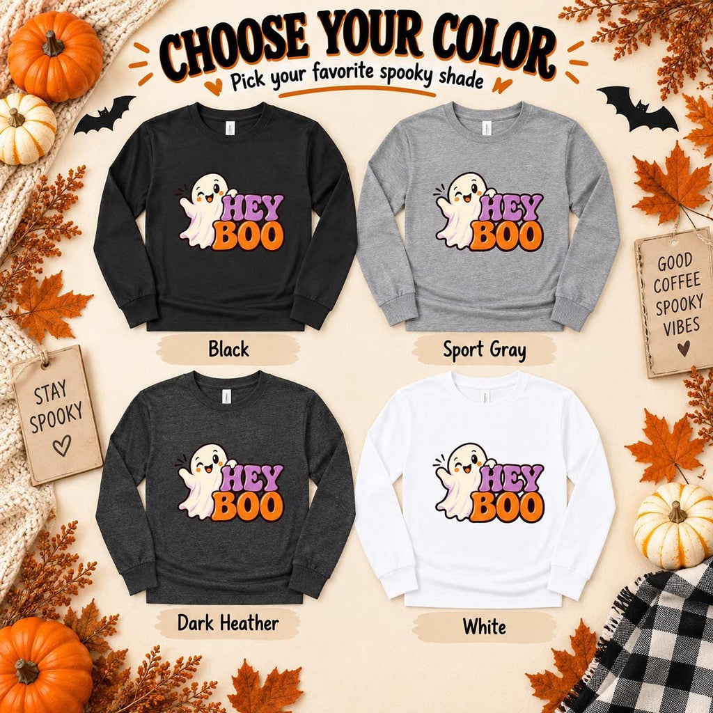 Adult Long Sleeve Boo Halloween Shirt, Cotton Tee with Ribbed Cuffs