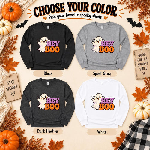 Adult Long Sleeve Boo Halloween Shirt, Cotton Tee with Ribbed Cuffs