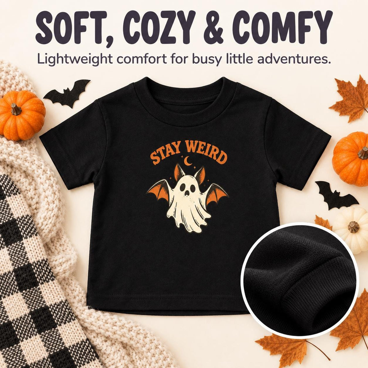 Stay Weird Toddler Halloween Shirt, Ghost and Bat Graphic Tee (2T-5T)