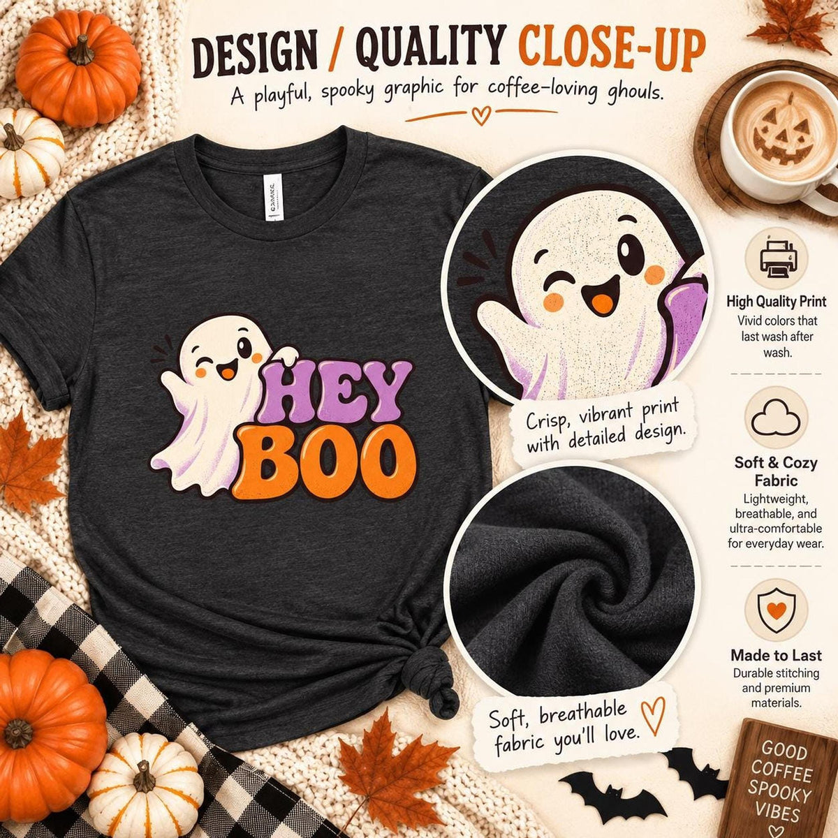Hey Boo Shirt, 100% Cotton Adult Halloween Tee with Ghost Graphic