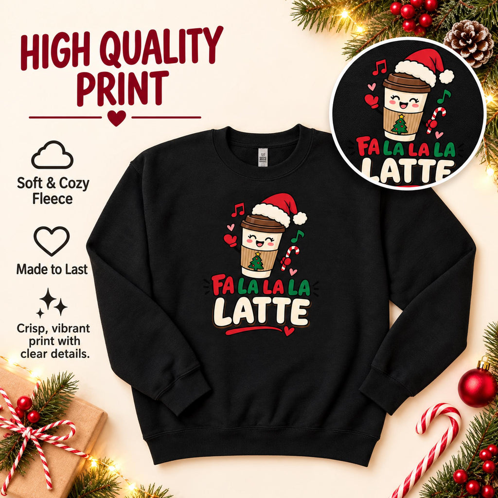 Latte Sweatshirt, Cotton Blend Holiday Crewneck with Christmas Coffee Design