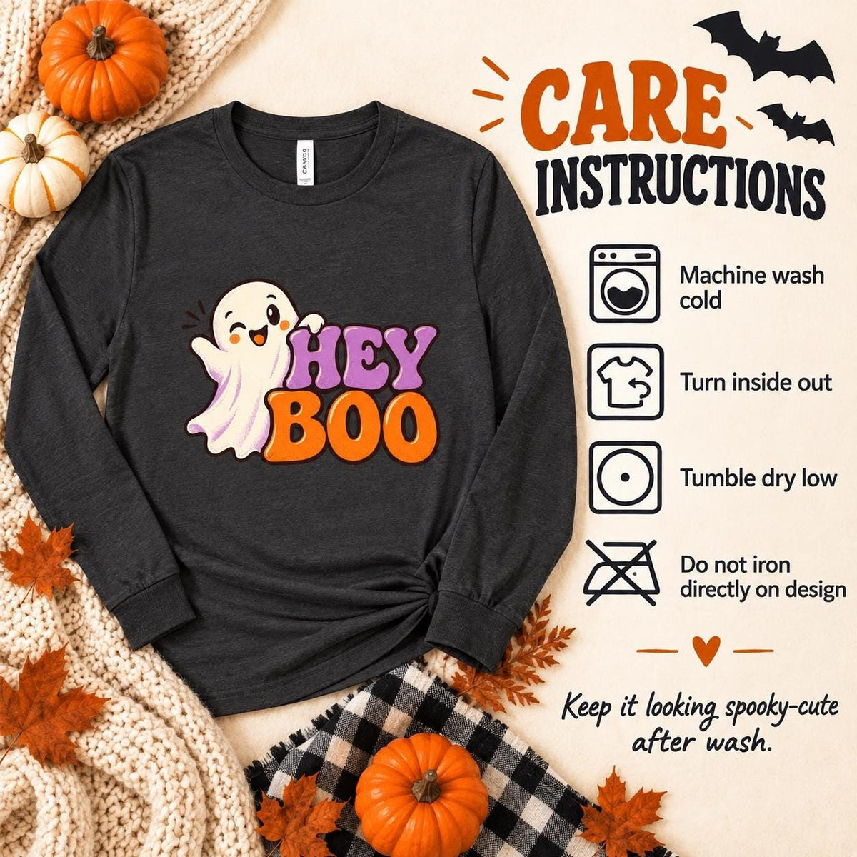 Adult Long Sleeve Boo Halloween Shirt, Cotton Tee with Ribbed Cuffs
