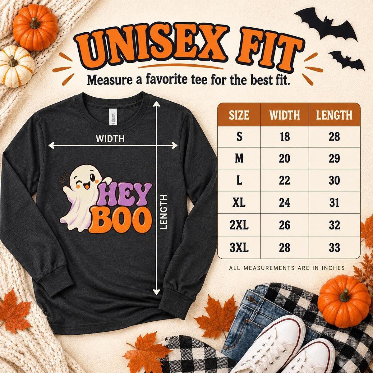 Adult Long Sleeve Boo Halloween Shirt, Cotton Tee with Ribbed Cuffs