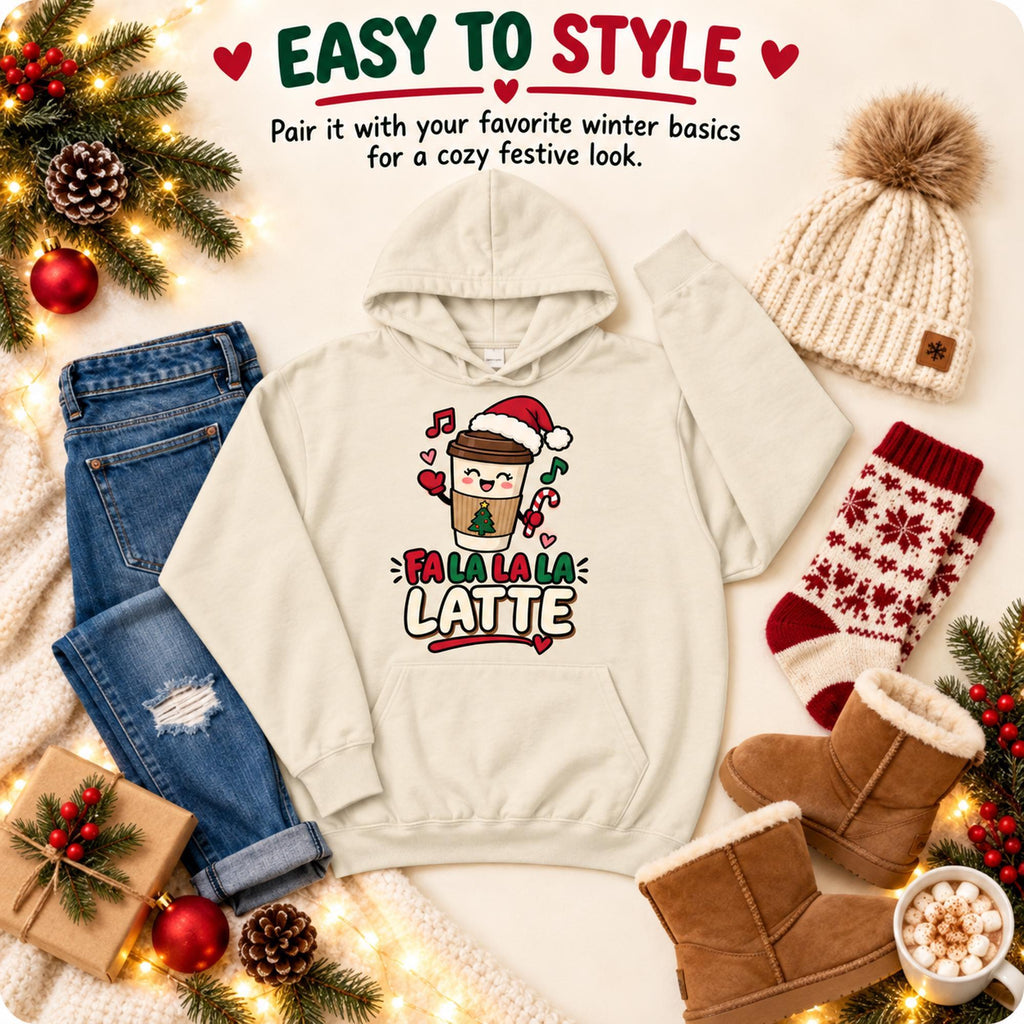 Hoodie, Fa La La La Latte Christmas Graphic, 100% Cotton Unisex Sweatshirt