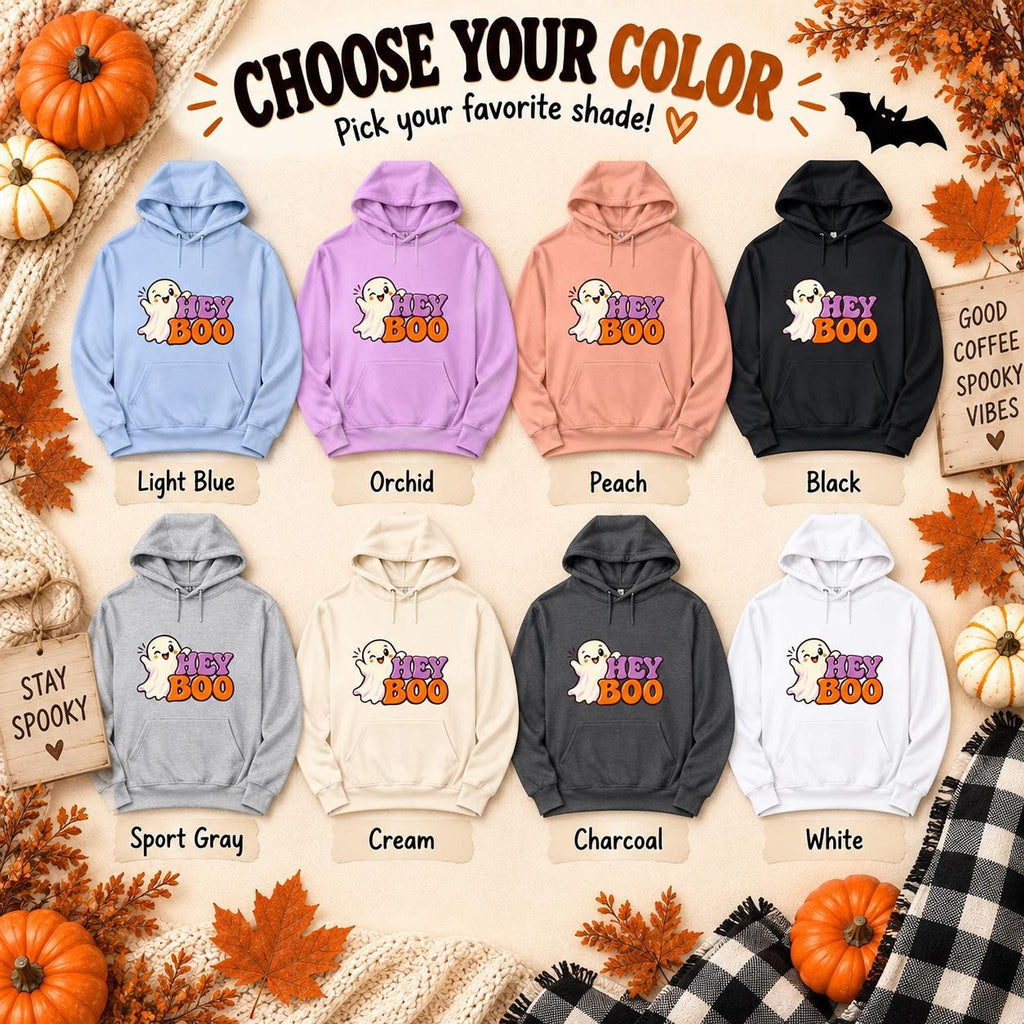 Hey Boo Hoodie, 100% Cotton Lightweight Unisex Ghost Graphic Pullover