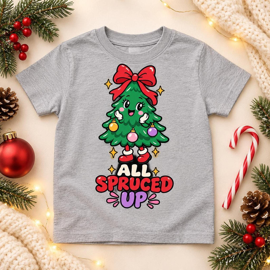 All Spruced Up Kids Christmas Tree Tee, Festive Holiday Graphic Shirt