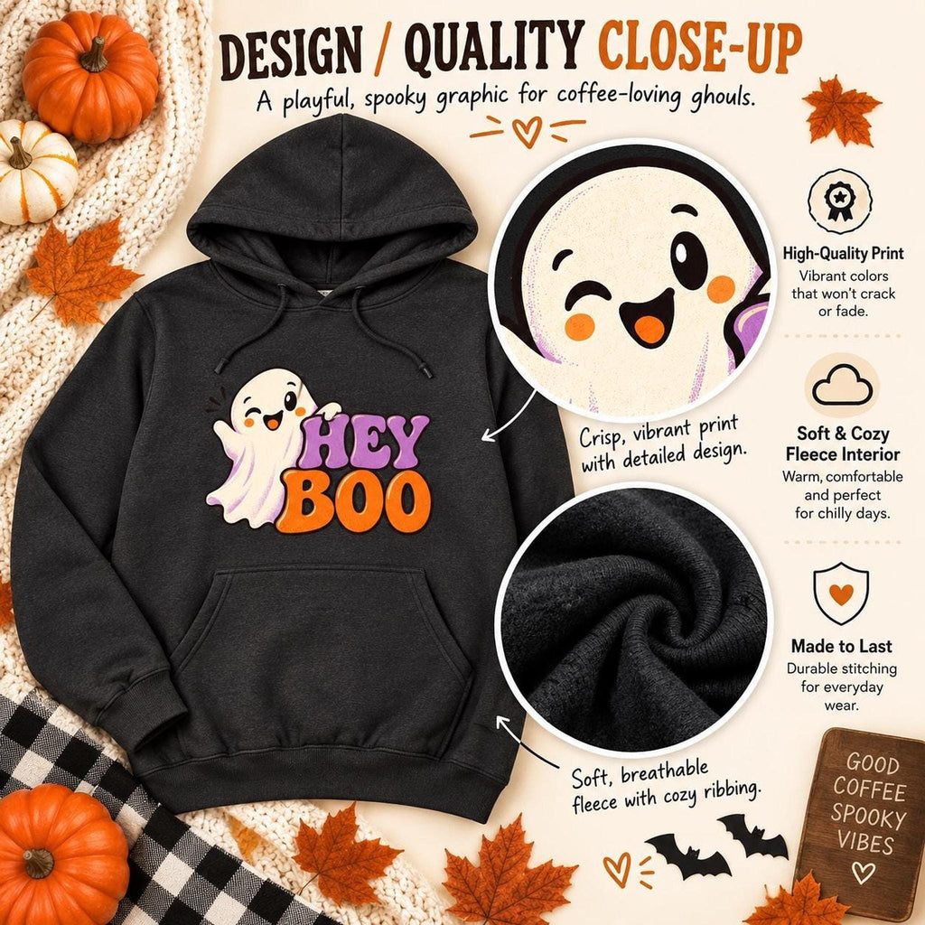 Hey Boo Hoodie, 50/50 Cotton-Polyester Unisex Halloween Sweatshirt, S-4XL