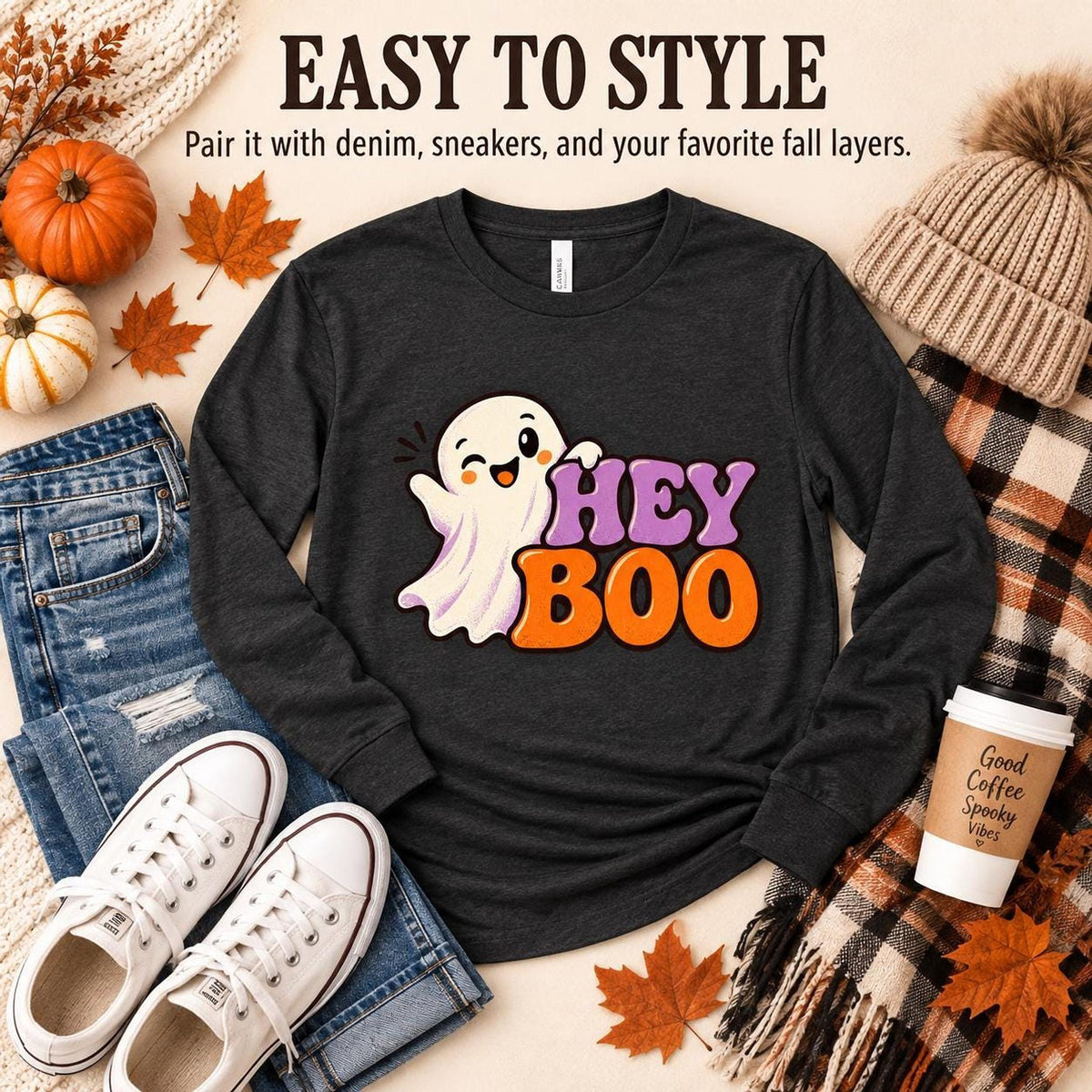 Adult Long Sleeve Boo Halloween Shirt, Cotton Tee with Ribbed Cuffs