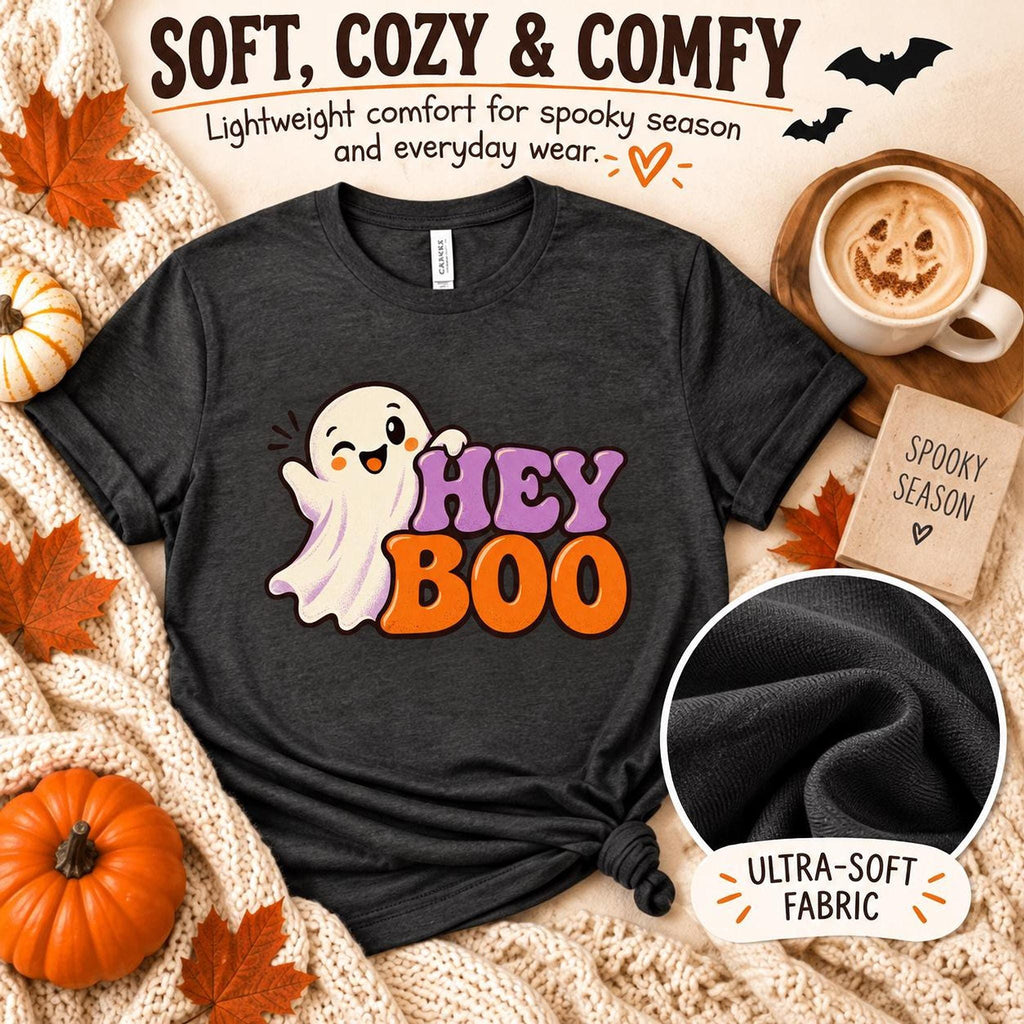 Hey Boo Shirt, 100% Cotton Adult Halloween Tee with Ghost Graphic