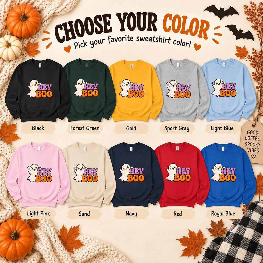 Hey Boo Sweatshirt, Cotton Blend Halloween Crewneck in S-4XL