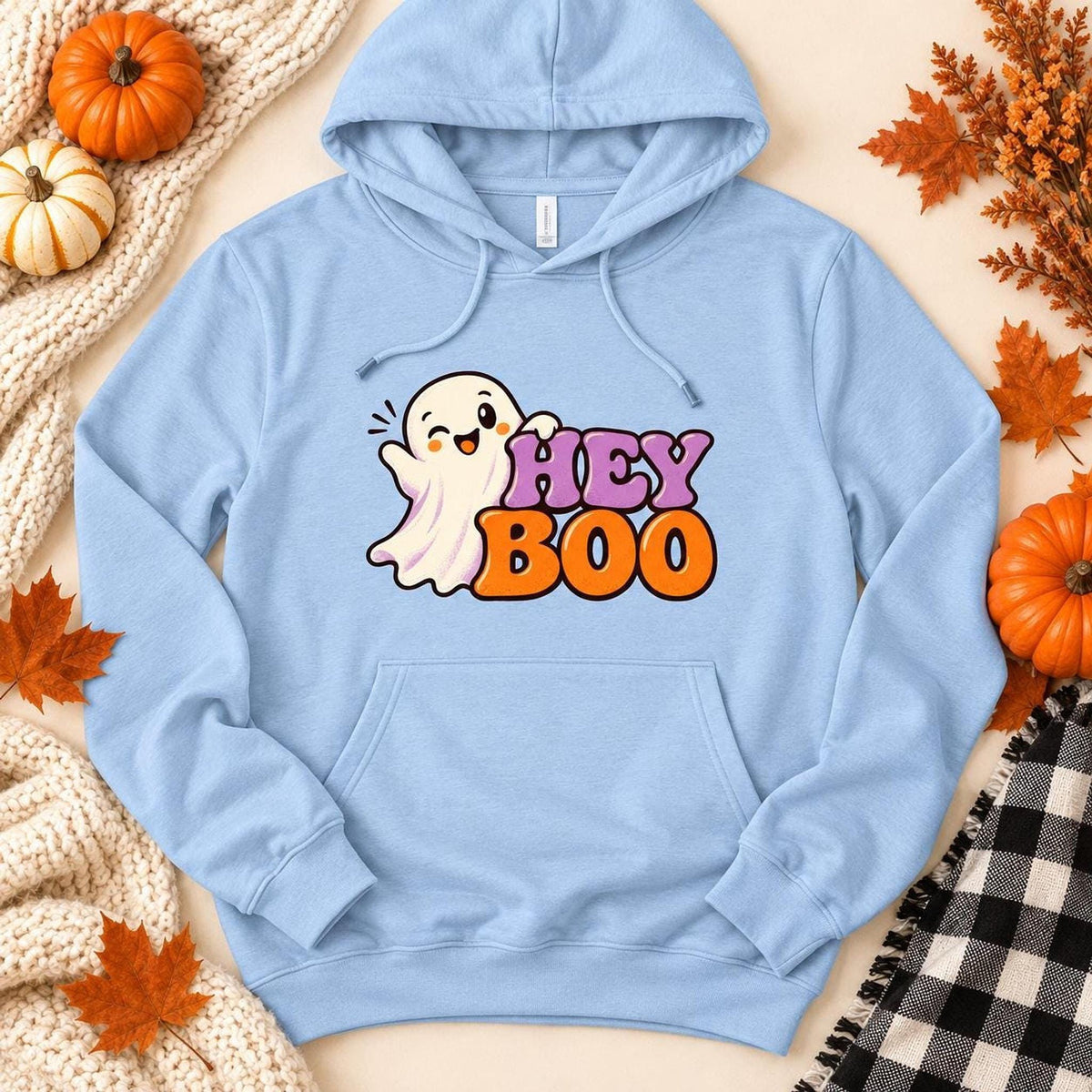 Hey Boo Hoodie, 100% Cotton Lightweight Unisex Ghost Graphic Pullover