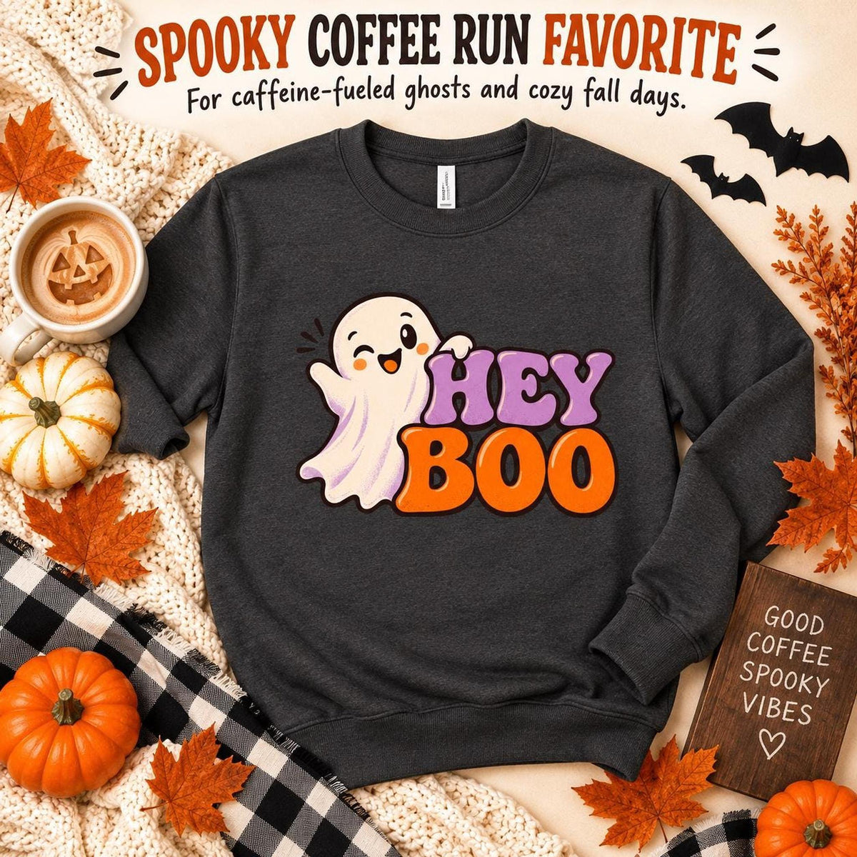 Hey Boo Sweatshirt, Cotton Blend Halloween Crewneck in S-4XL