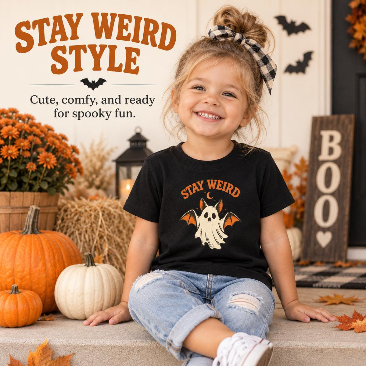 Stay Weird Toddler Halloween Shirt, Ghost and Bat Graphic Tee (2T-5T)