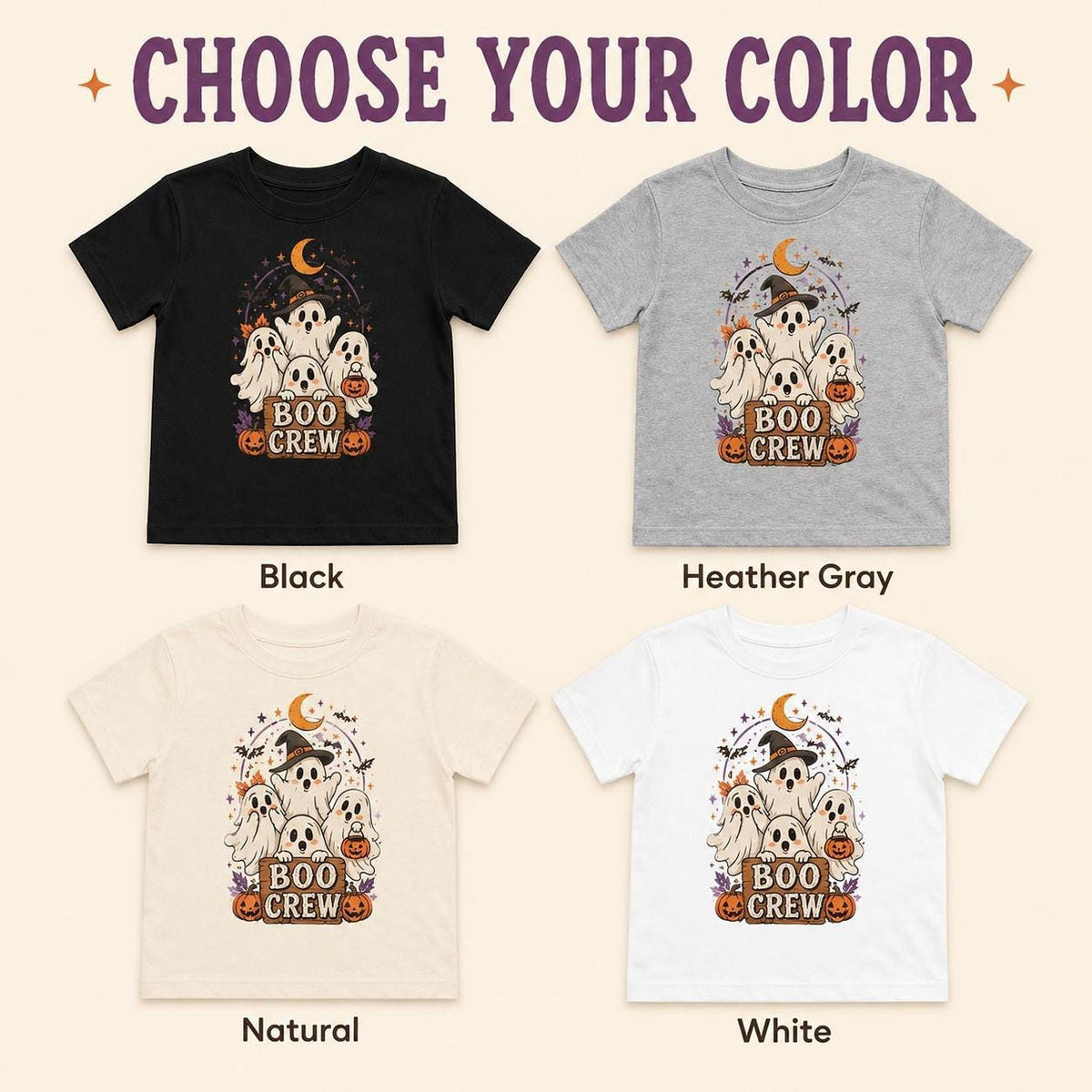 Boo Crew Toddler Halloween Shirt, Ghosts, Pumpkins, Moon (Crew Neck)