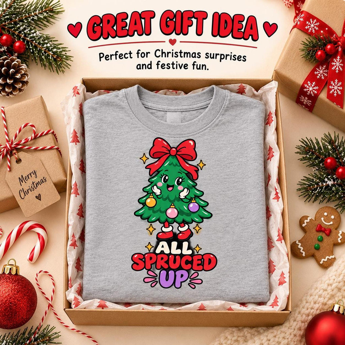 All Spruced Up Kids Christmas Tree Tee, Festive Holiday Graphic Shirt