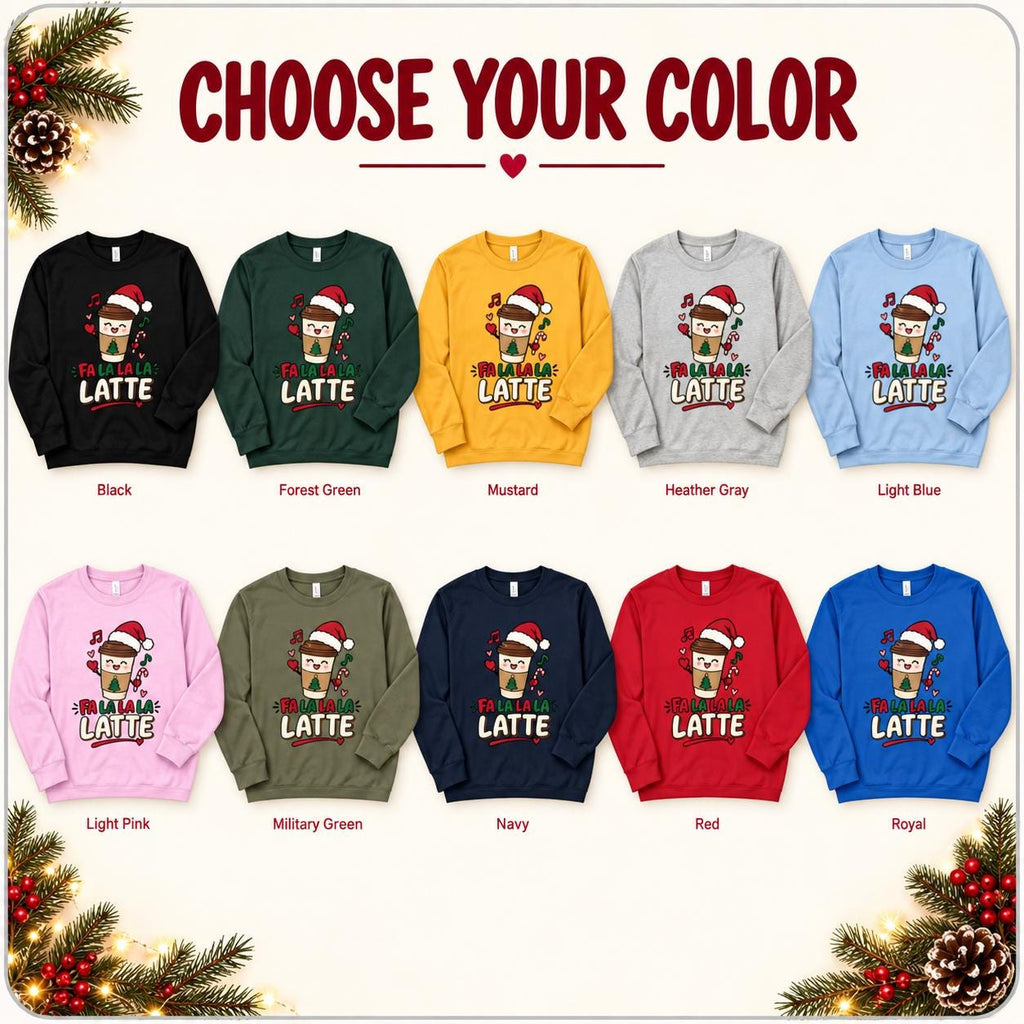 Latte Sweatshirt, Cotton Blend Holiday Crewneck with Christmas Coffee Design