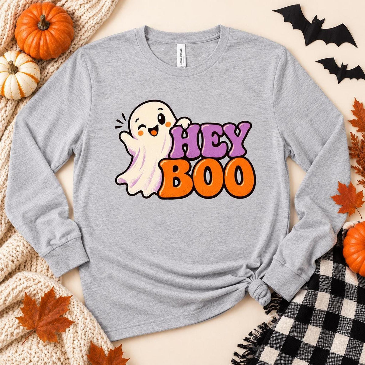 Adult Long Sleeve Boo Halloween Shirt, Cotton Tee with Ribbed Cuffs