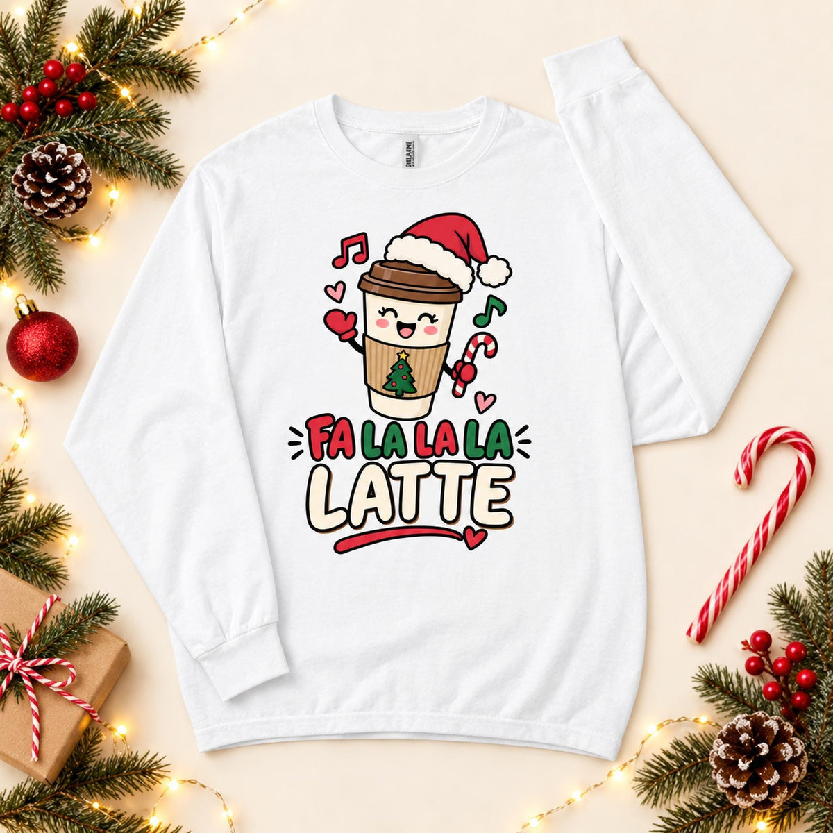 Fa La La Latte Shirt, Adult Long Sleeve Cotton Tee