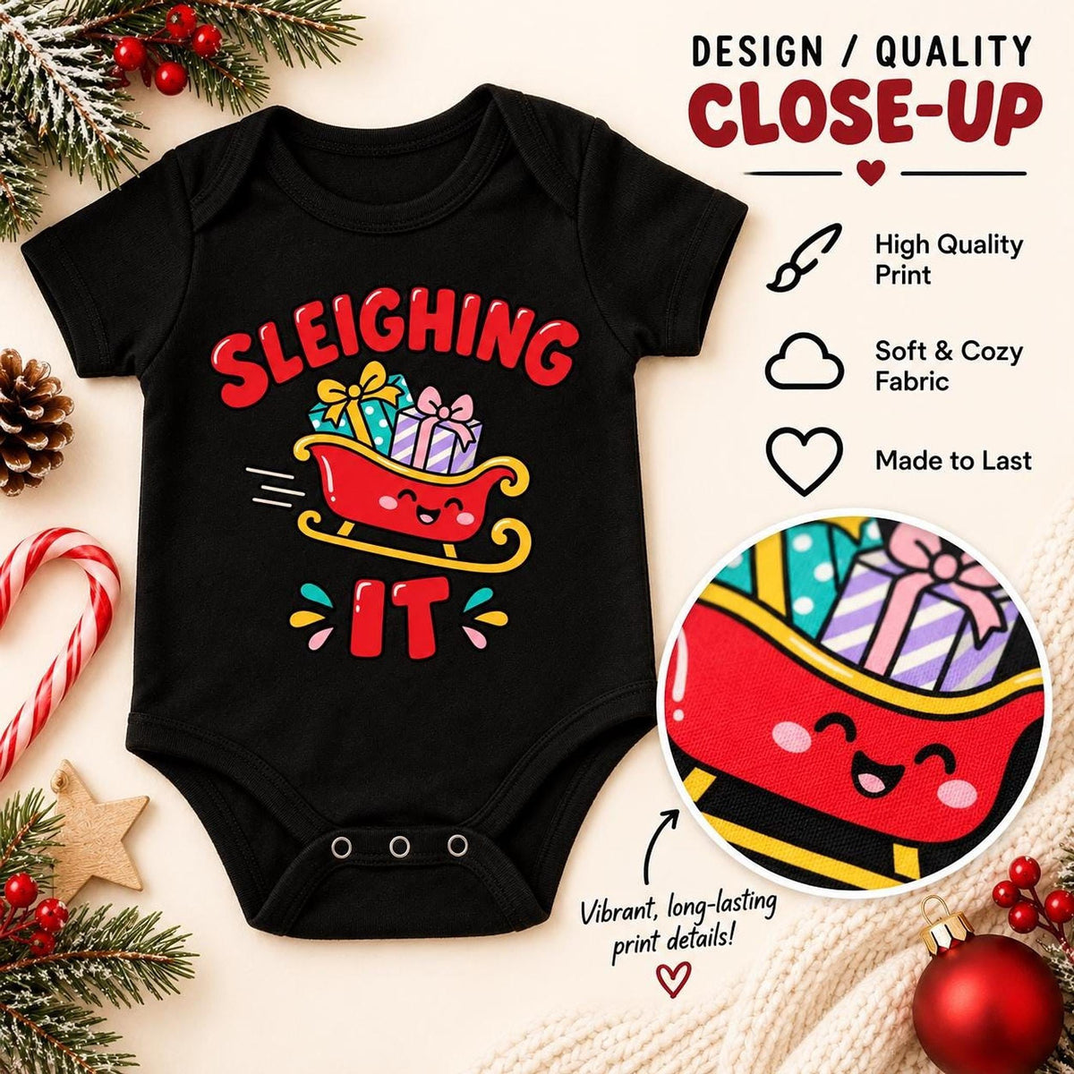 Sleighing It Baby Christmas Bodysuit, Festive Holiday One-Piece