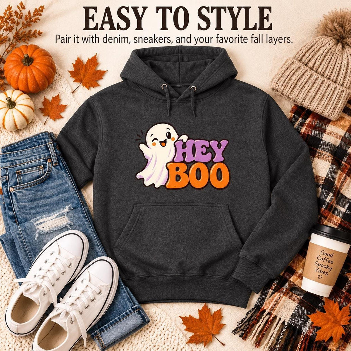 Hey Boo Hoodie, 50/50 Cotton-Polyester Unisex Halloween Sweatshirt, S-4XL