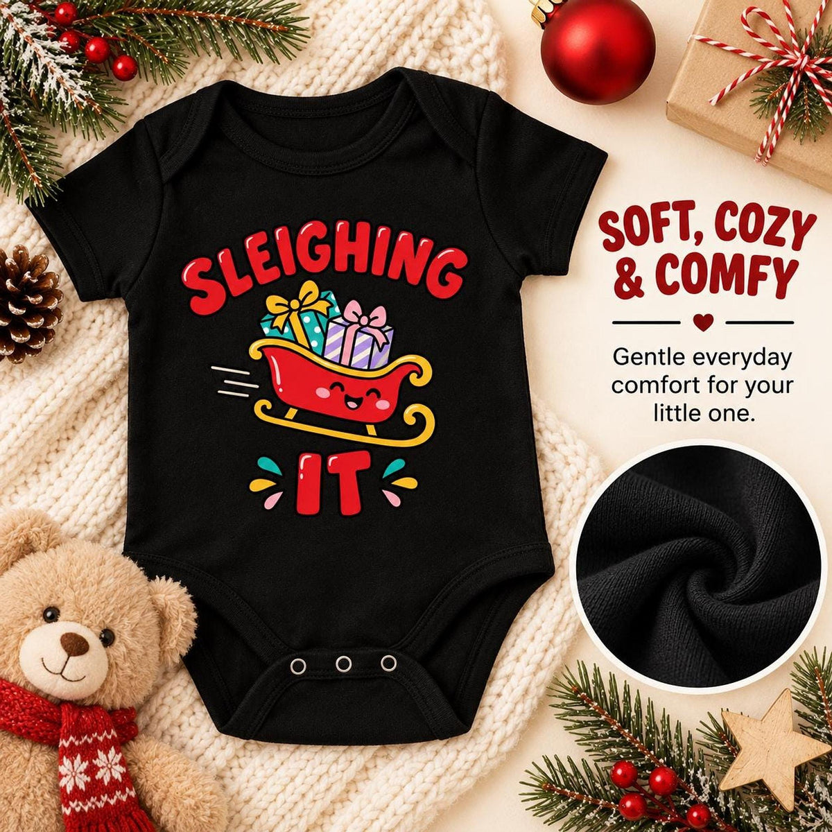 Sleighing It Baby Christmas Bodysuit, Festive Holiday One-Piece