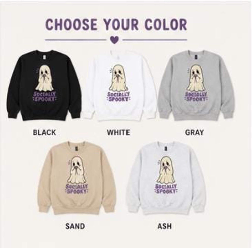 Socially Spooky Ghost Sweatshirt, Introvert Halloween Crewneck, Cozy Cotton-Poly Blend