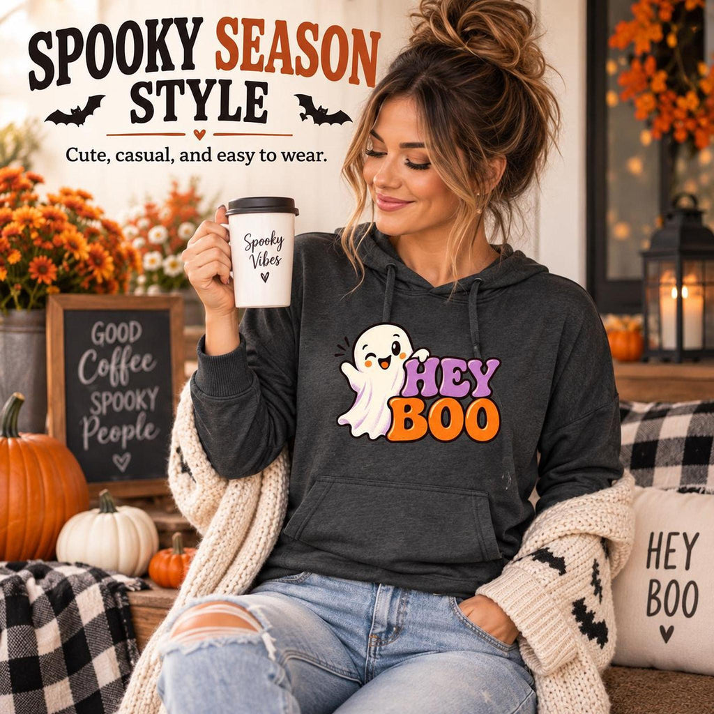 Hey Boo Hoodie, 100% Cotton Lightweight Unisex Ghost Graphic Pullover