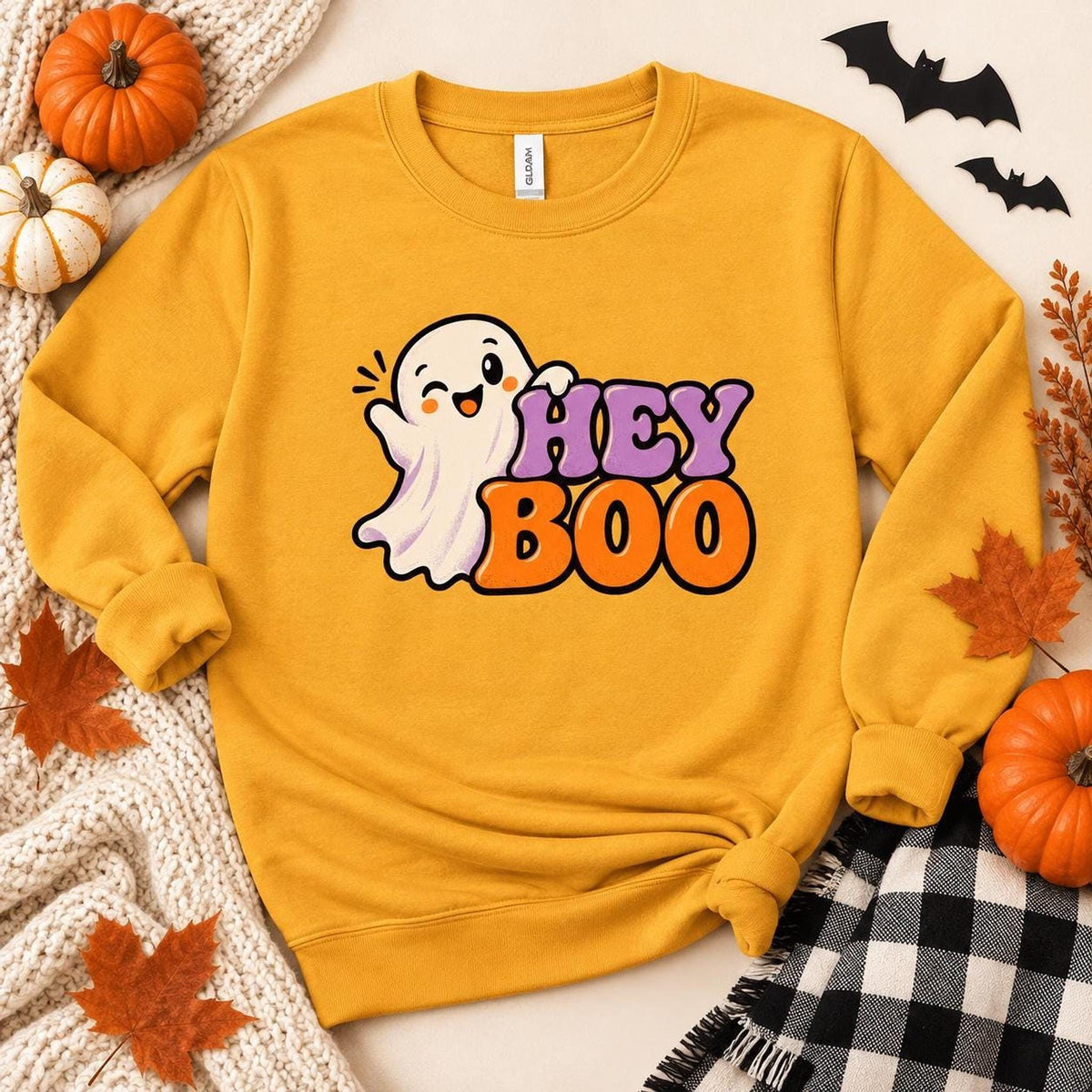 Hey Boo Sweatshirt, Cotton Blend Halloween Crewneck in S-4XL