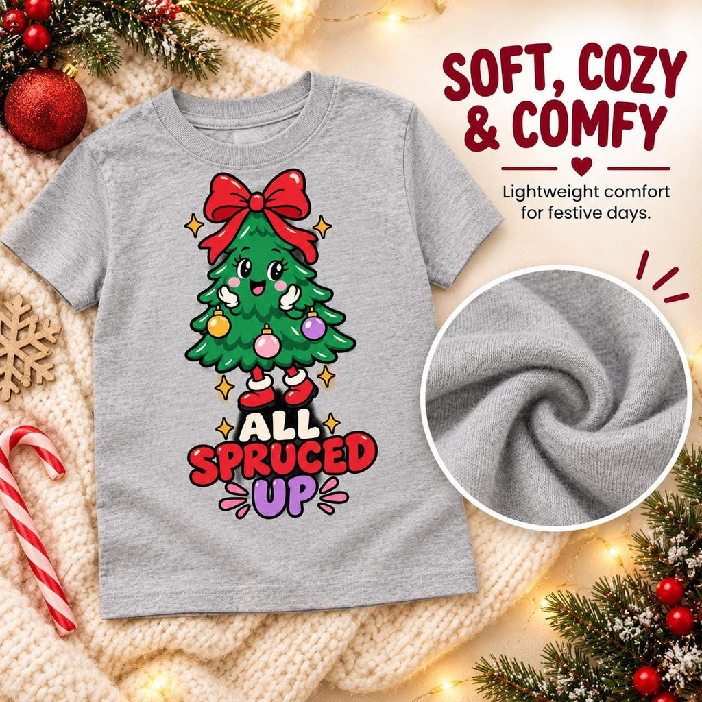 All Spruced Up Kids Christmas Tree Tee, Festive Holiday Graphic Shirt