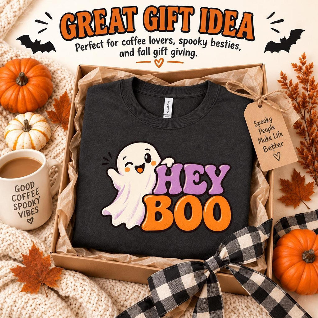 Hey Boo Sweatshirt, Cotton Blend Halloween Crewneck in S-4XL