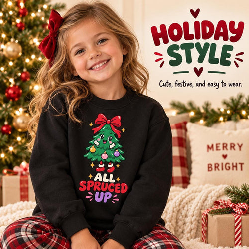 All Spruced Up Kids Christmas Tree Sweatshirt, Festive Holiday Crewneck