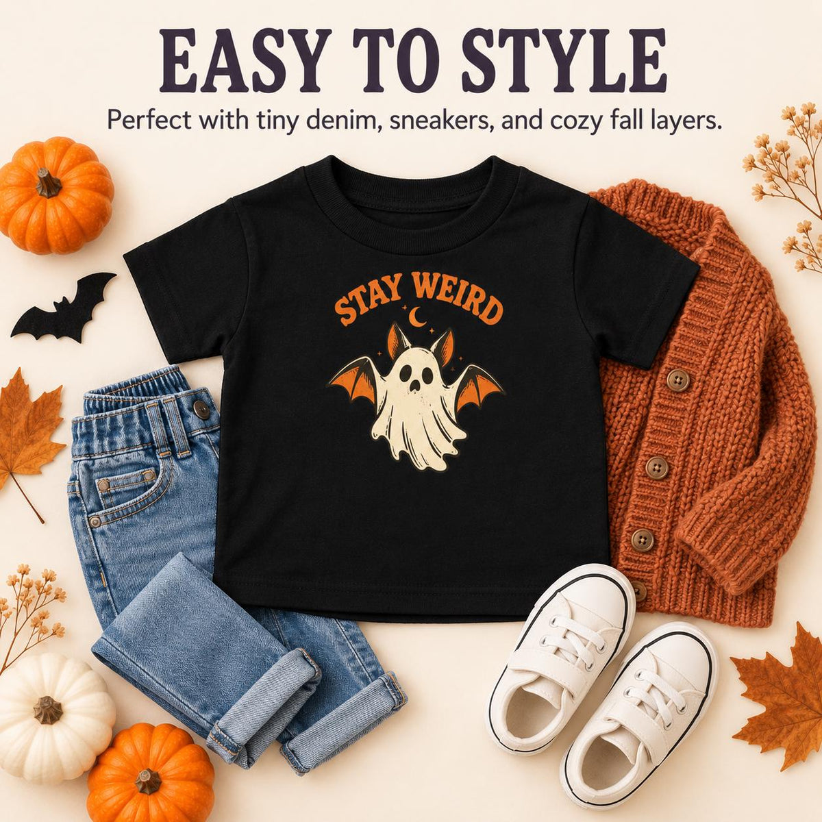 Stay Weird Toddler Halloween Shirt, Ghost and Bat Graphic Tee (2T-5T)