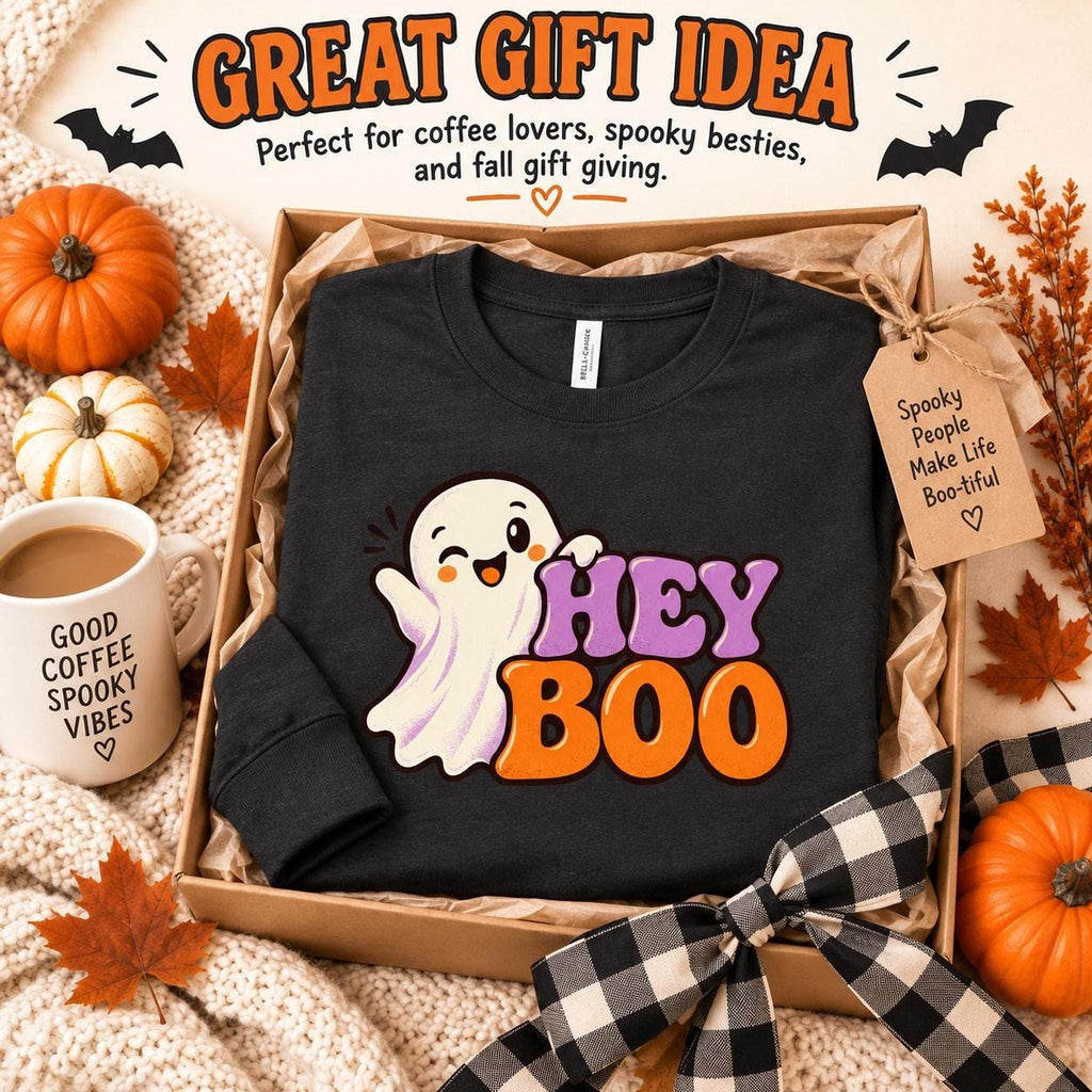 Adult Long Sleeve Boo Halloween Shirt, Cotton Tee with Ribbed Cuffs