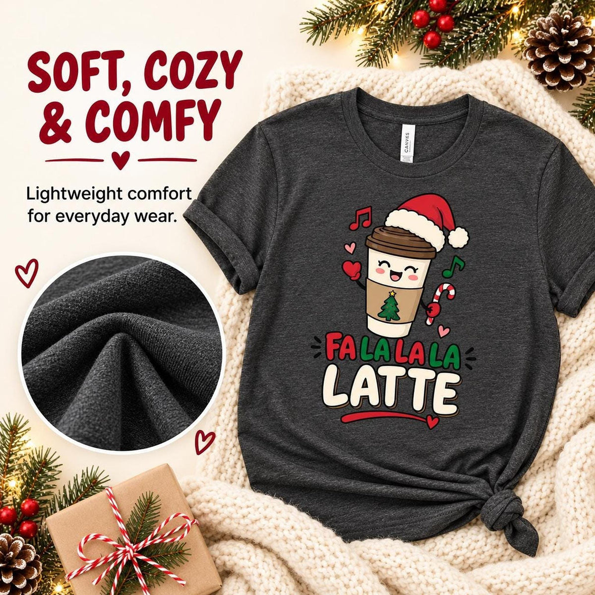 Fa La La Latte Christmas Coffee Shirt, Festive Holiday Tee, Coffee Lover Gift Christmas Tee