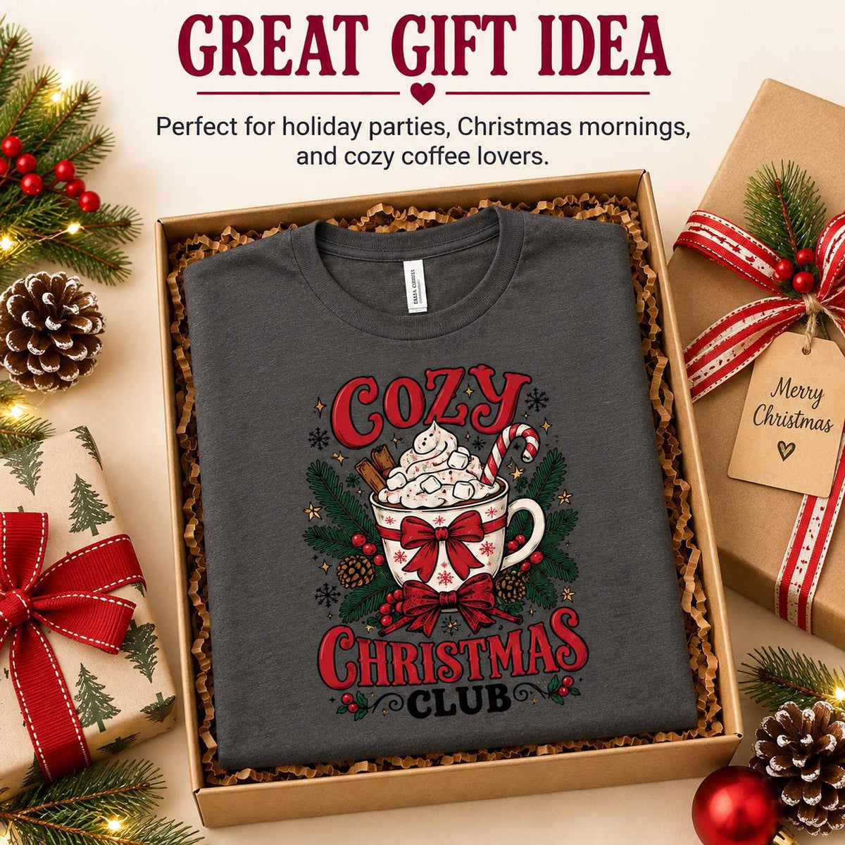 Cozy Christmas Club Mug Tee, Festive Holiday Graphic Shirt, Winter Gift