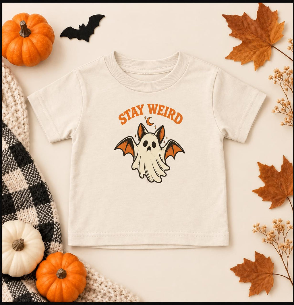 Stay Weird Toddler Halloween Shirt, Ghost and Bat Graphic Tee (2T-5T)