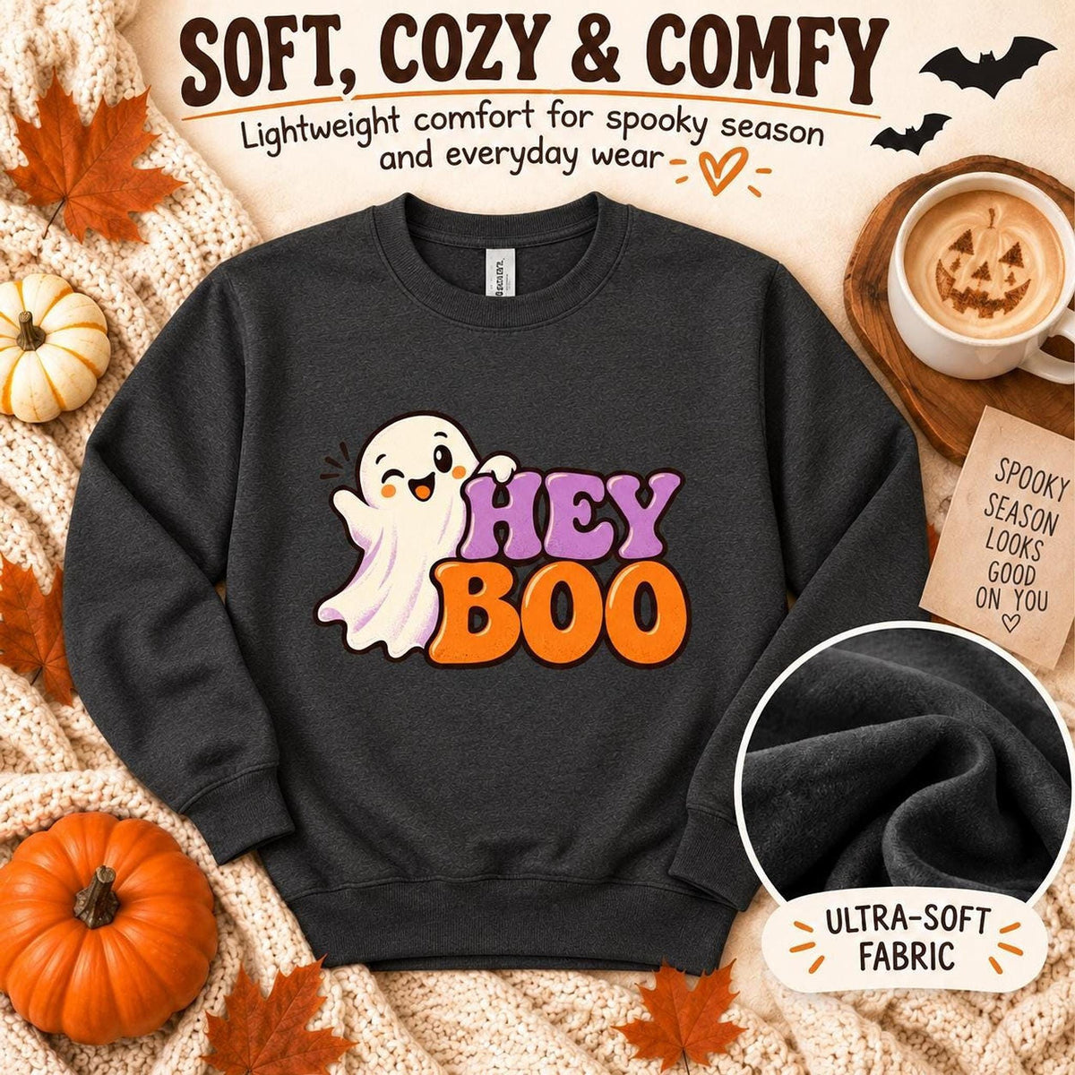 Hey Boo Sweatshirt, Cotton Blend Halloween Crewneck in S-4XL