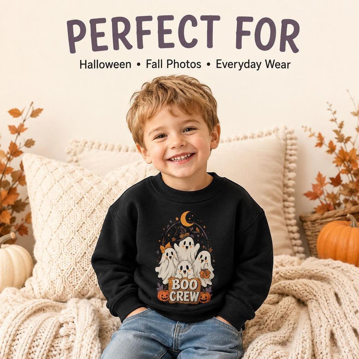 Boo Crew Toddler Halloween Sweatshirt, Ghosts, Pumpkins, Moon (Crewneck)