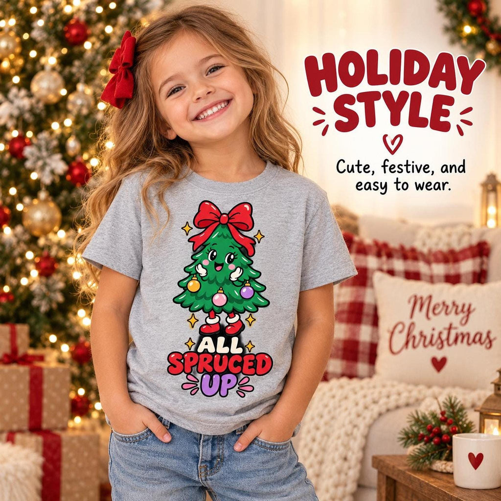 All Spruced Up Kids Christmas Tree Tee, Festive Holiday Graphic Shirt