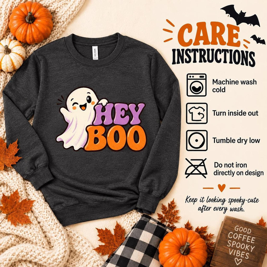 Hey Boo Sweatshirt, Cotton Blend Halloween Crewneck in S-4XL