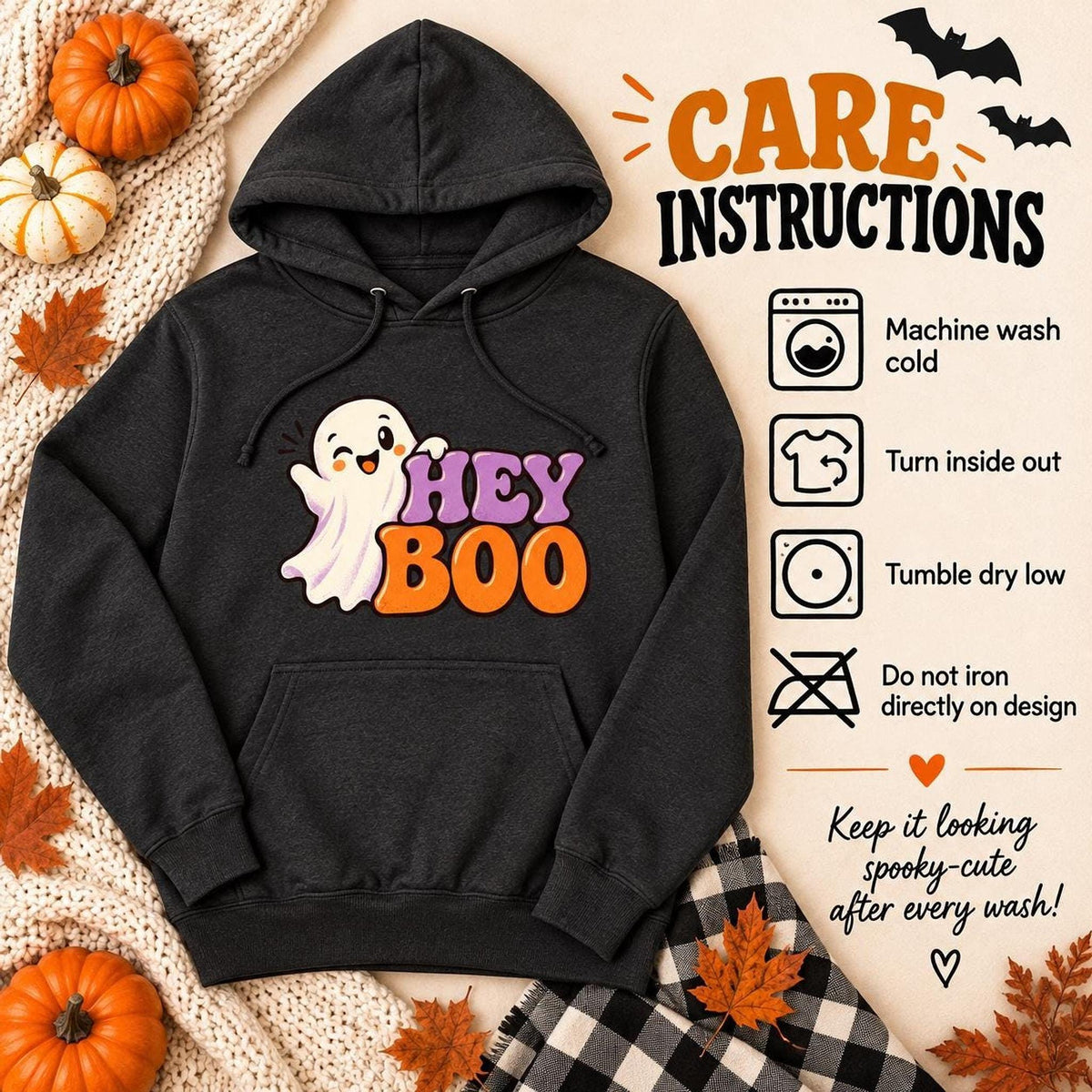 Hey Boo Hoodie, 50/50 Cotton-Polyester Unisex Halloween Sweatshirt, S-4XL