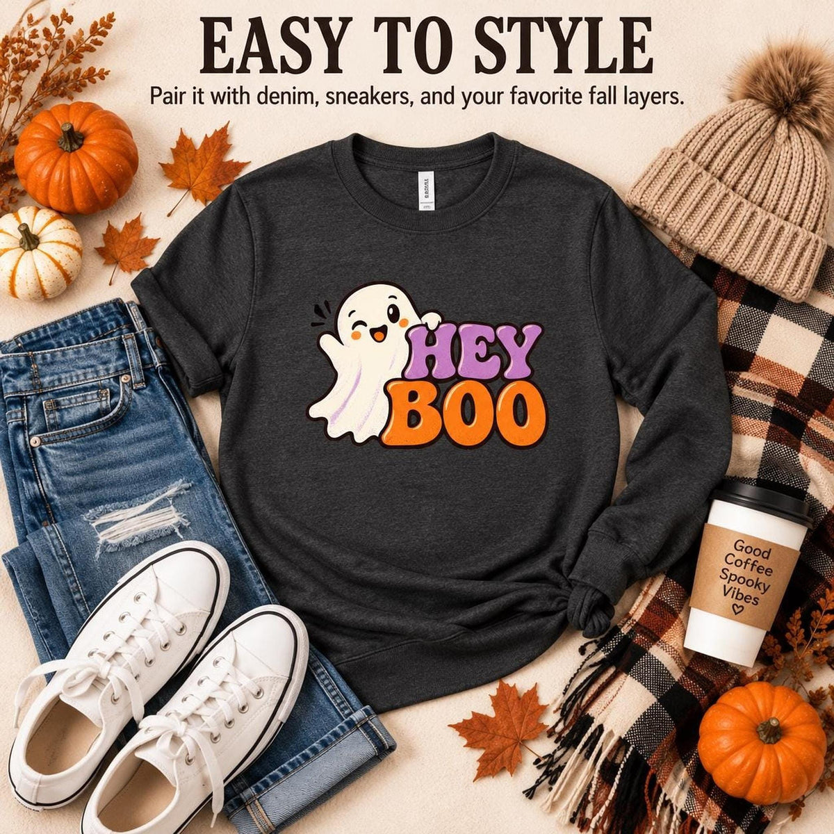 Hey Boo Sweatshirt, Cotton Blend Halloween Crewneck in S-4XL