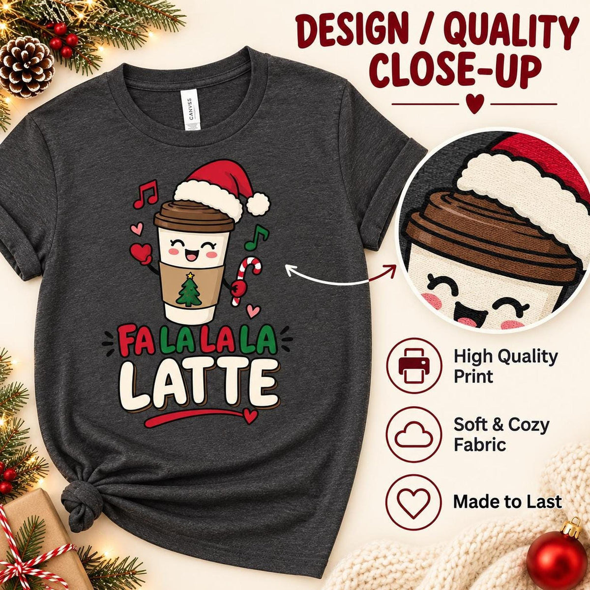 Fa La La Latte Christmas Coffee Shirt, Festive Holiday Tee, Coffee Lover Gift Christmas Tee