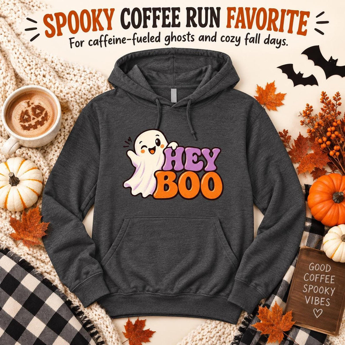 Hey Boo Hoodie, 100% Cotton Lightweight Unisex Ghost Graphic Pullover