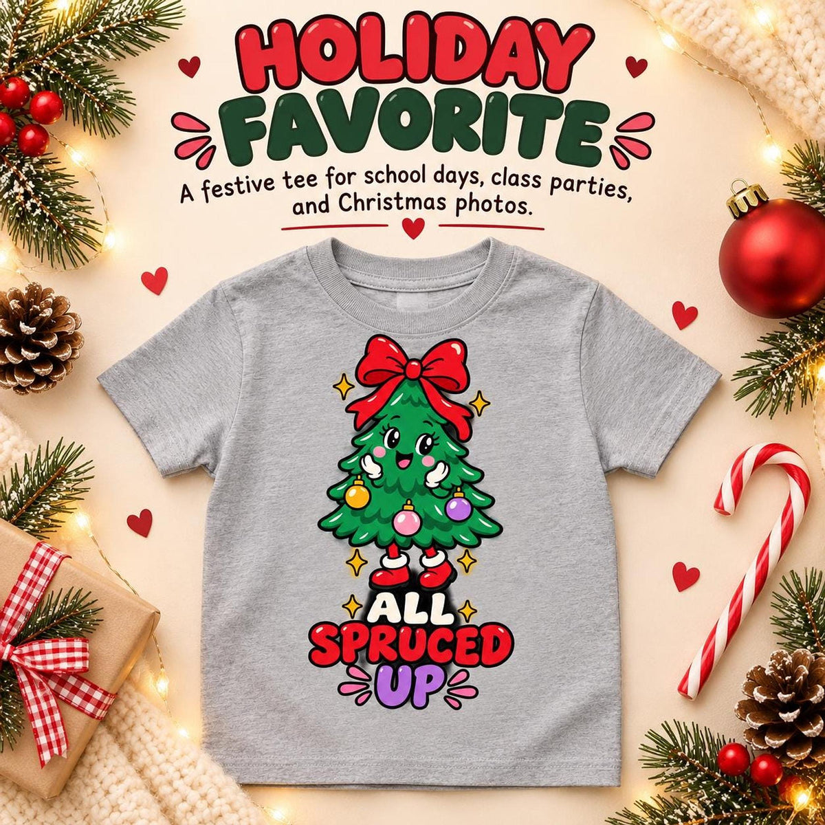 All Spruced Up Kids Christmas Tree Tee, Festive Holiday Graphic Shirt