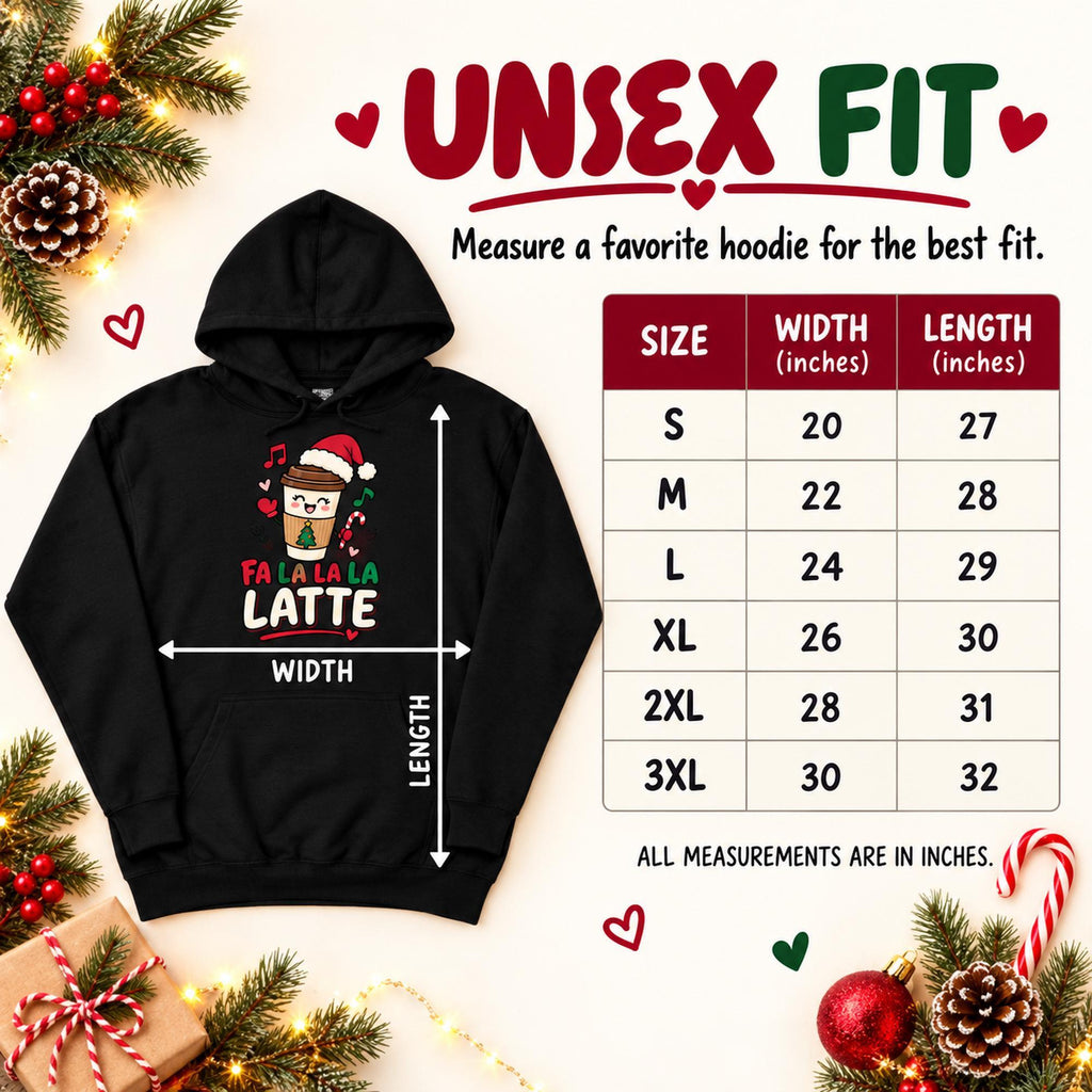 Hoodie, Fa La La La Latte Christmas Graphic, 100% Cotton Unisex Sweatshirt
