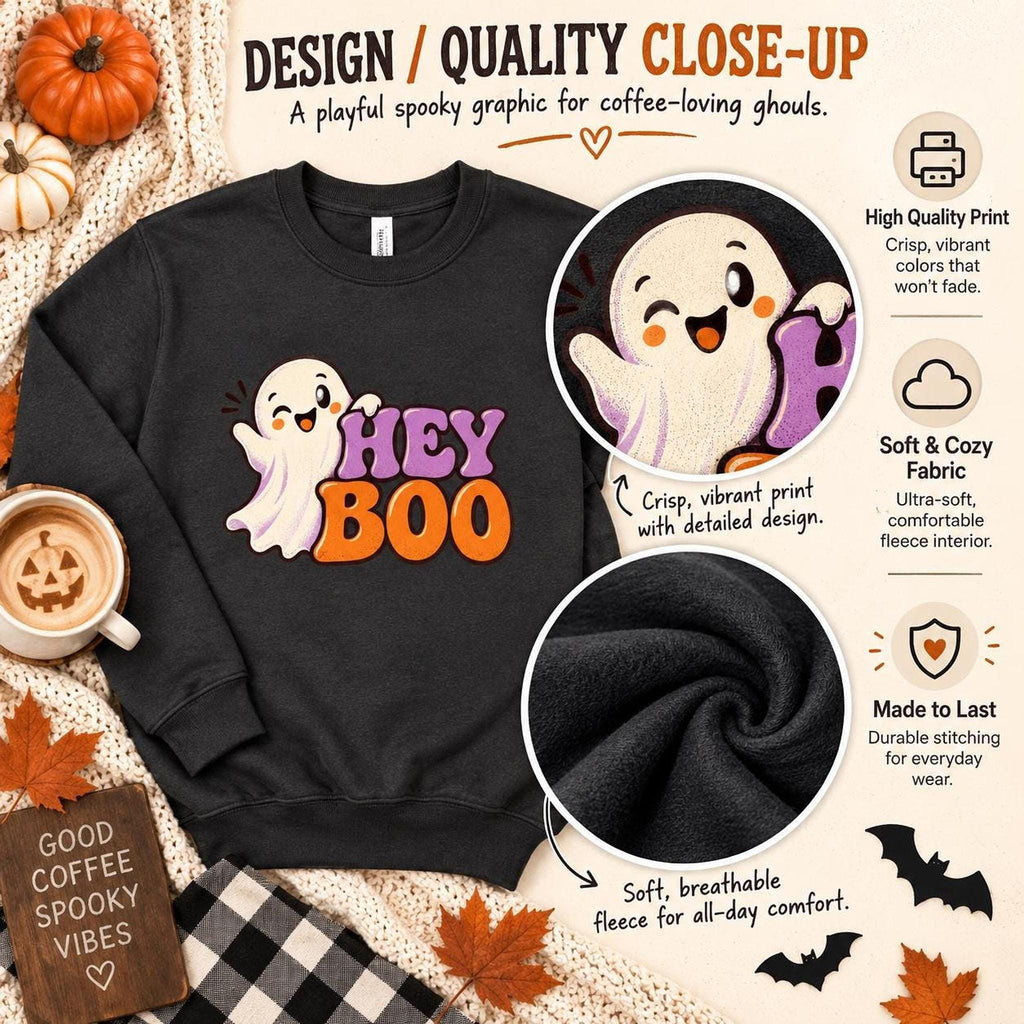 Hey Boo Sweatshirt, Cotton Blend Halloween Crewneck in S-4XL