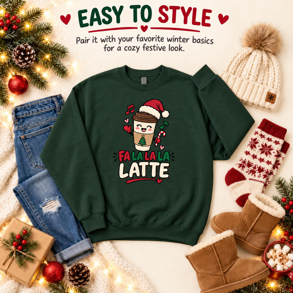 Latte Sweatshirt, Cotton Blend Holiday Crewneck with Christmas Coffee Design