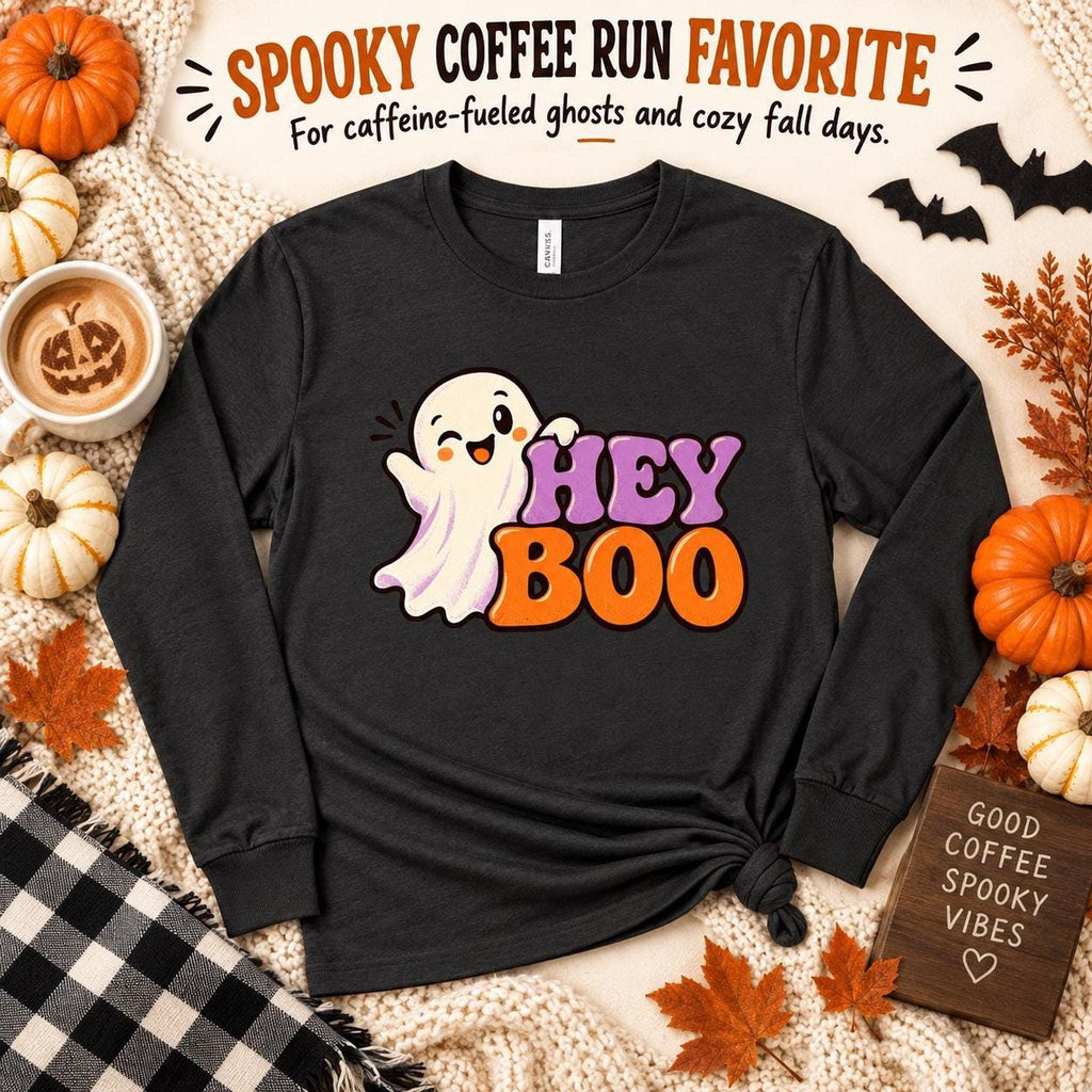 Adult Long Sleeve Boo Halloween Shirt, Cotton Tee with Ribbed Cuffs