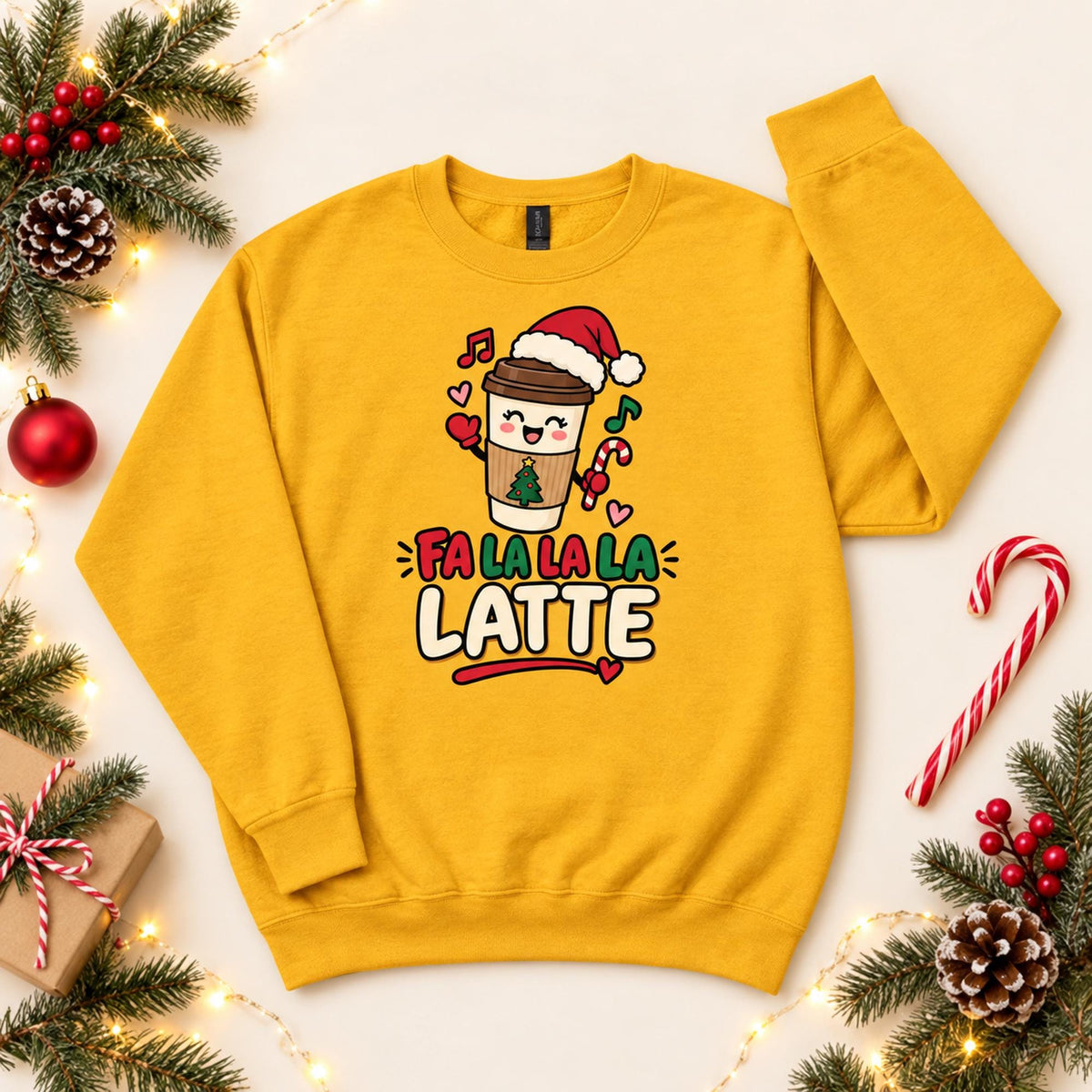 Latte Sweatshirt, Cotton Blend Holiday Crewneck with Christmas Coffee Design